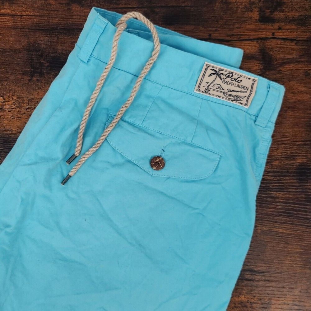 Polo Ralph Lauren Swimwear Boardshorts Light Blue Wood Button Rope Drawstring 34